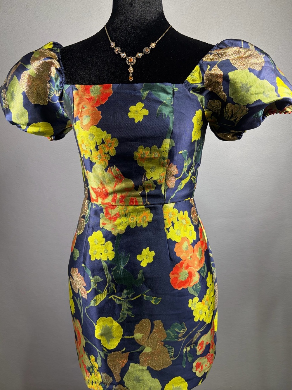Lulu's Navy Floral Puff-Sleeve Mini Dress